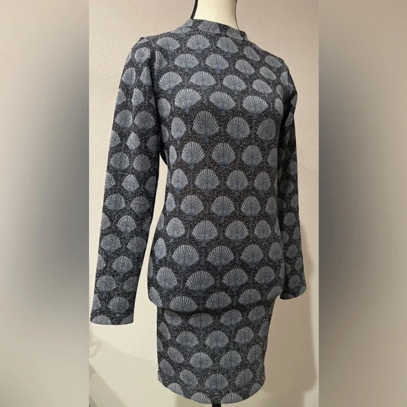 ZARA Jacquard Navy Blue Seashell Metallic High Neck Open Back Bodycon Dress M/L - Picture 4 of 6